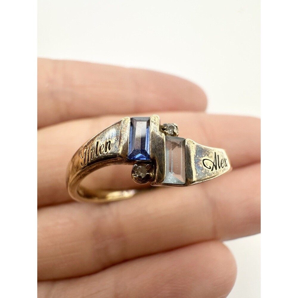 Vintage Sterling Silver Gold Vermeil Engraved Genuine Diamond Blue Stone Ring